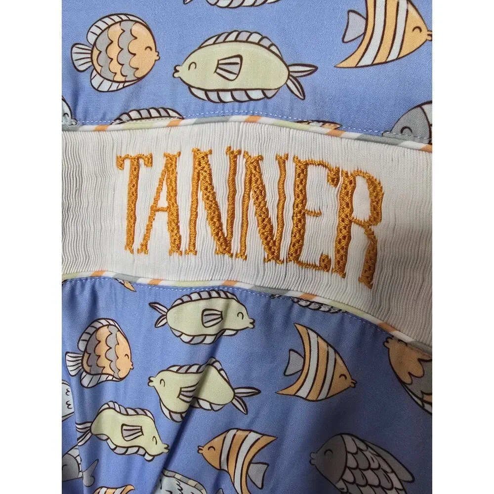 Tanner Smocked Hooded Swim Cover Up Youth 4–10T Blue Fish Print Beach‎ Pool